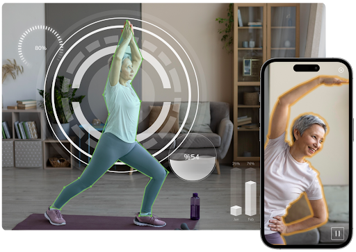 Woman practicing yoga with Breathment's app, featuring real-time feedback and tracking for enhanced respiratory health and fitness.