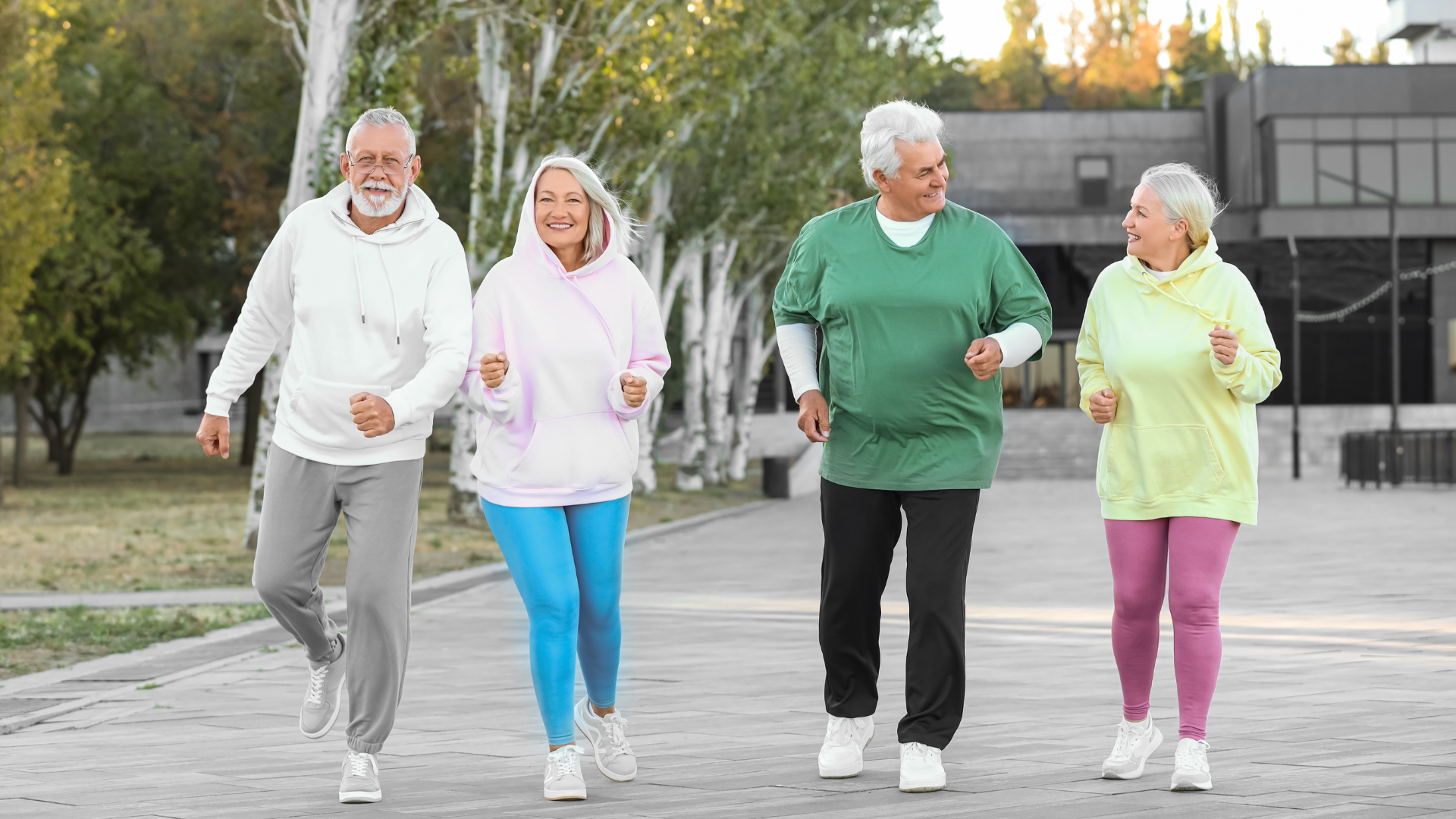 Active seniors walking outdoors while managing COPD and maintaining a healthy routine.